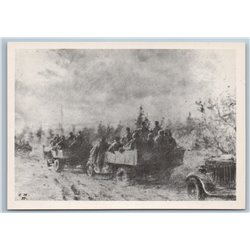 1985 WWII SU Roads of War Army Soldiers in trucks by ZHUKOV Russian postcard