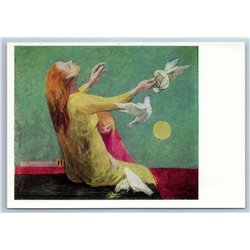 1968 Girl and White Dove PIGEON Anton Refregier art PEACE BIRD Russian Postcard