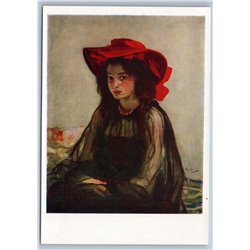 Pretty Young Girl in Red Hat Lady by Murashko Ukrainian Folk Soviet postcard