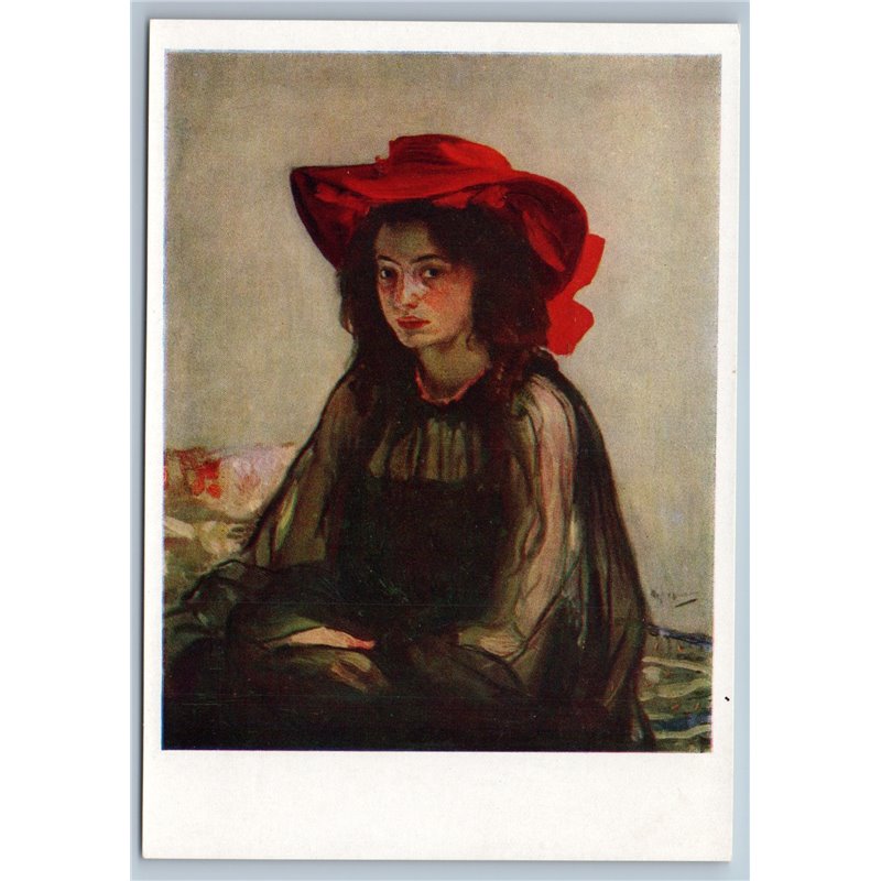 Pretty Young Girl in Red Hat Lady by Murashko Ukrainian Folk Soviet postcard