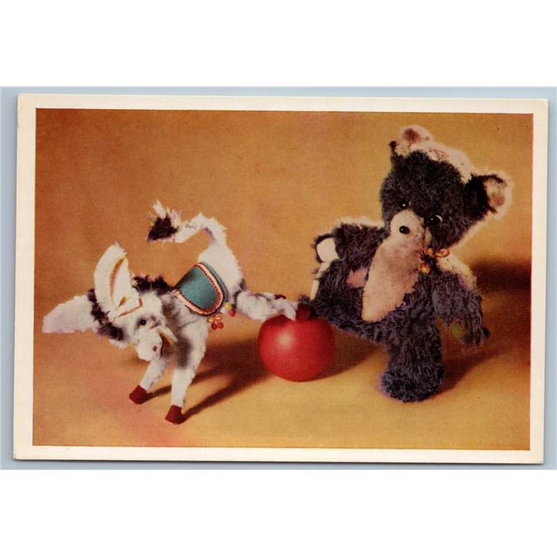 1966 TOY TEDDY Little Bear and Donkey Handmade toys Soviet VTG Postcard