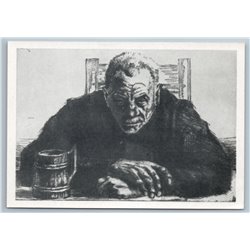 ELDER MAN with Beer Mug Portrait by Finland Artist Etching RARE USSR Postcard