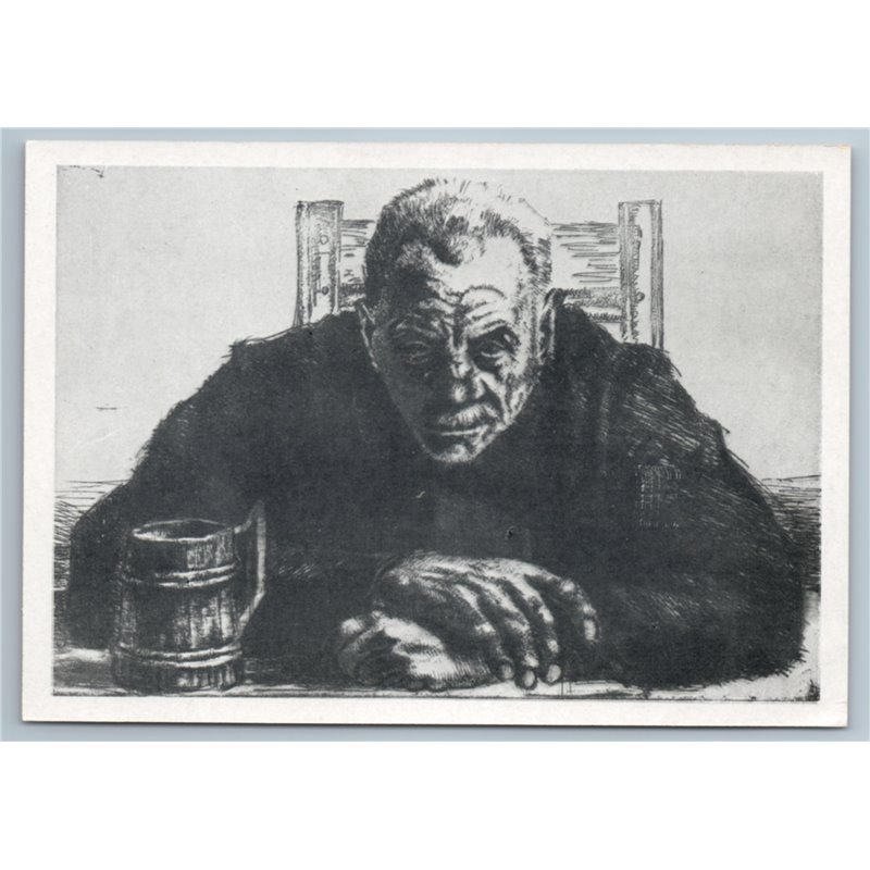 ELDER MAN with Beer Mug Portrait by Finland Artist Etching RARE USSR Postcard