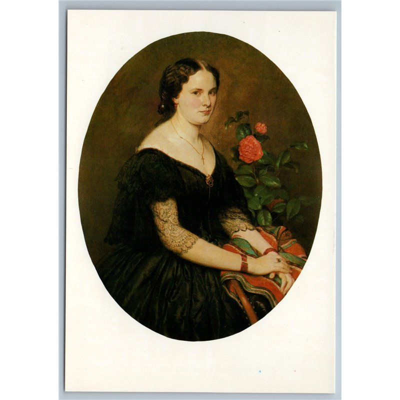 PORTRAIT PRETTY WOMAN Lady in Black Dress Roses by Josef Manes Czech Postcard