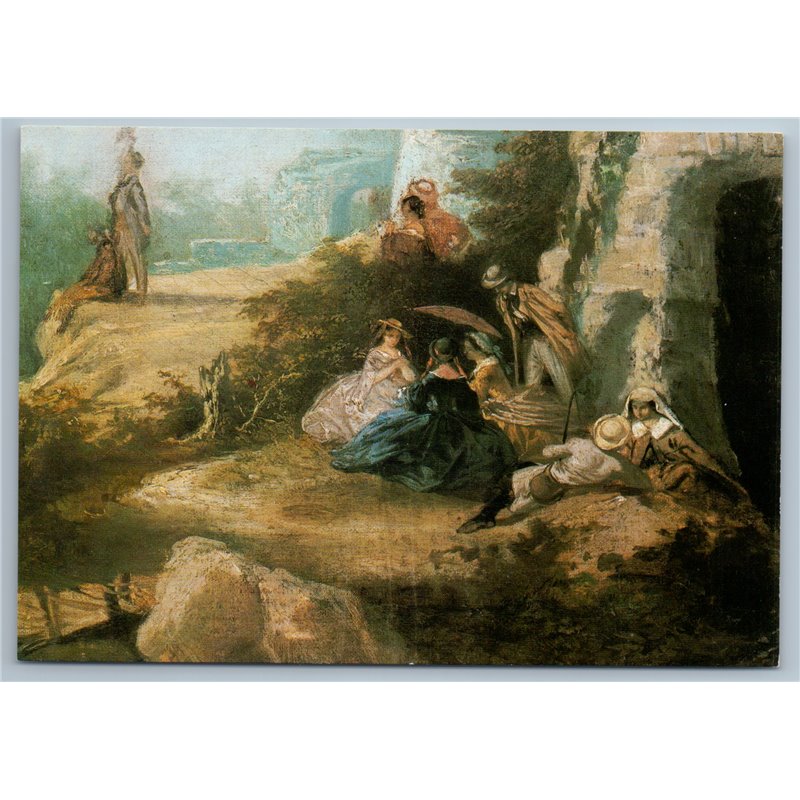 LADY and MEN on a Trip Mountain Vintage Style by Josef Manes Czech VTG Postcard