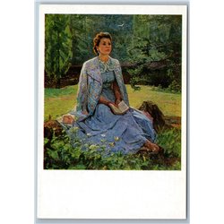 1976 LADY with BOOK in Garden Portrait of artist’s wife Russian postcard