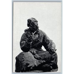 Shepherd Old man smoking a pipe Asia Sculpture Russian Postcard 1958