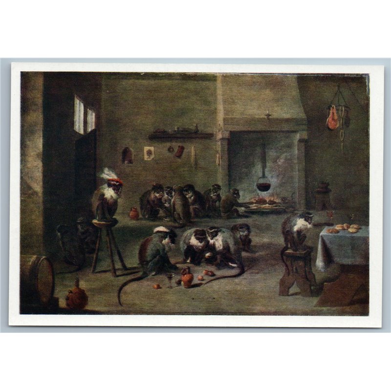 1963 Apes in the Kitchen Monkey Fireplace by Teniers Russian Unposted Postcard