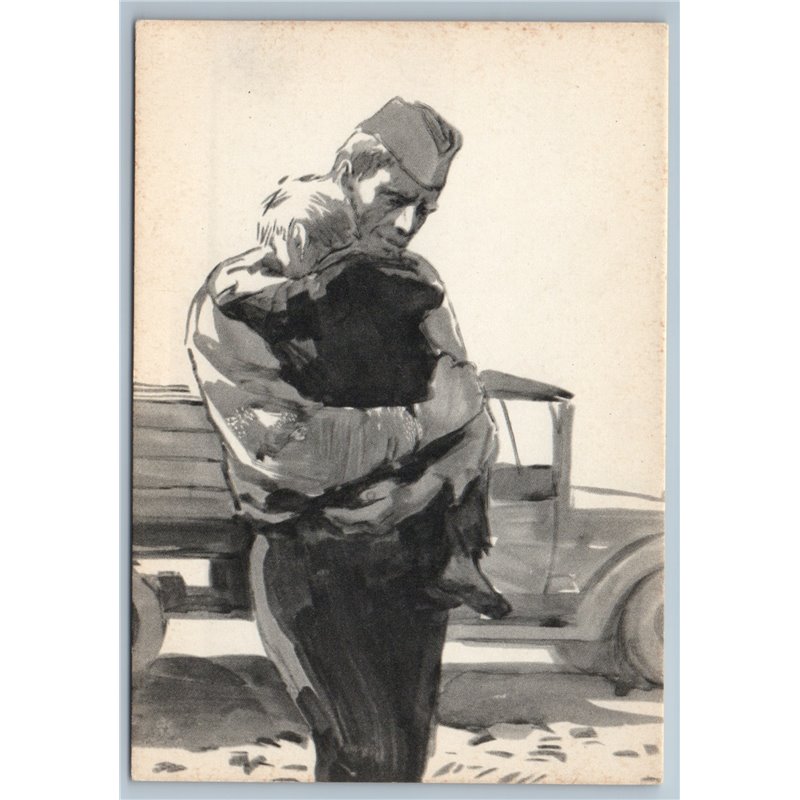 WWII Soviet Soldier hugs a rescued LITTLE BOY by KUKRYNIKSY Russian VTG Postcard