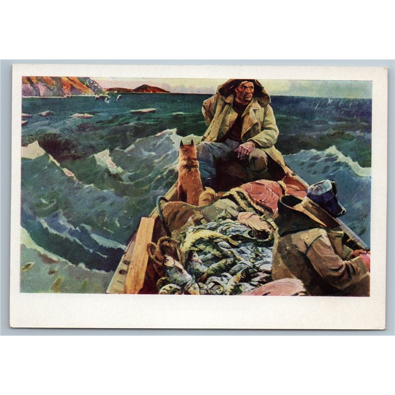 1965 HANDSOME MAN with DOG in Boat Fisherman by Eremin Soviet USSR Postcard